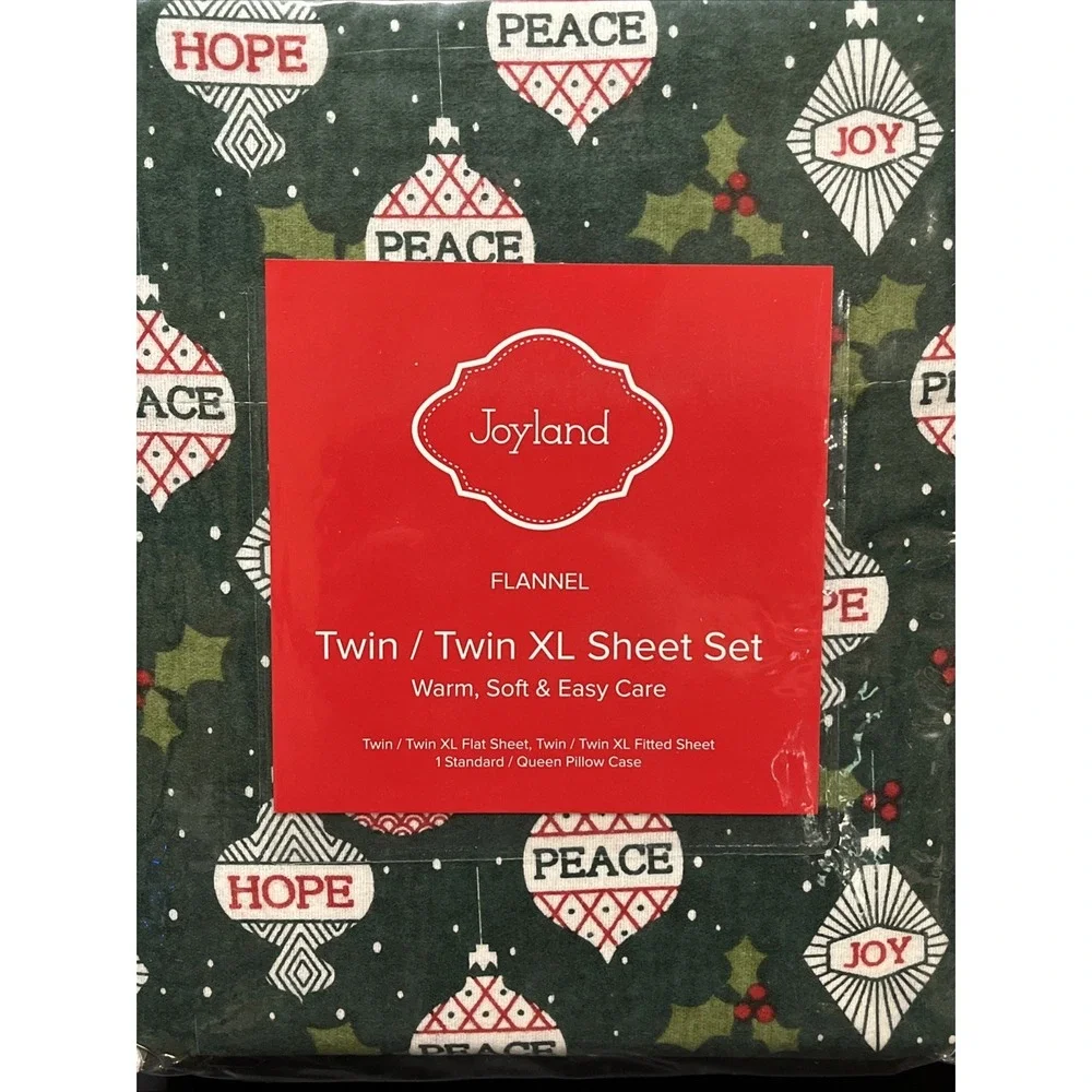 Joyland Flannel Twin/Twin XL Sheet Set Green Peace Joy Hope Christmas New